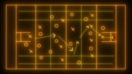 Glowing neon Rugby Strategy and tactics plan in Game to Achieve Goal with 15 players symbol and line arrow. Drawing Scheme Animation of American football 4k video .