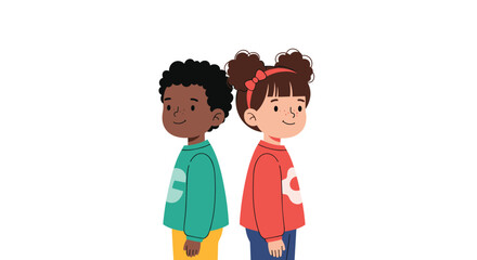 Obraz premium Boy and girl standing back to back wearing green and red sweaters against a plain white background in a friendly pose.