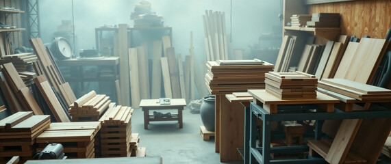 Dusty workshop filled with raw timber for diverse woodworking projects. Various wooden planks, stacked boards, and partially completed items await finishing.