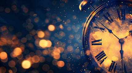 Vintage clock with Roman numerals against a backdrop of golden bokeh for celebration themes with copy space