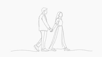 Elegant continuous line drawing depicts a couple holding hands while walking together symbolizing commitment partnership and lasting romantic affection