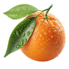 Fresh Orange with Green Leaves and Water Drops Isolated PNG Transparent Background.