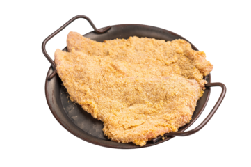 Ready for cooking Raw breaded Wiener Schnitzel steak isolated on white background