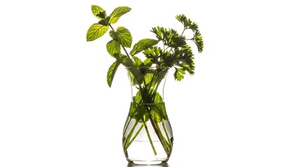 Fresh mint and parsley sprigs in a clear glass vase on white background herbs green