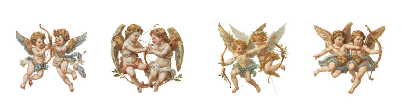 A collection of vintage cherub illustrations featuring playful angels with bows and arrows on transparent background