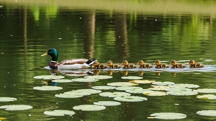Mallard Duck and Ducklings Swimming in a Pond with Lily Pads family