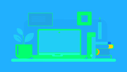 Flat illustration of a modern workspace with laptop, books, and office supplies on a blue background