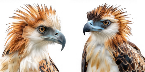 A striking depiction of two philippine eagles facing each other showcasing their unique plumage on transparent background