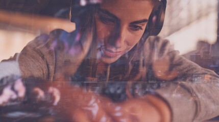 Medium shot of a content creator experimenting with transition styles and layering images to transform static photos into an exciting visual story with rhythmic audio