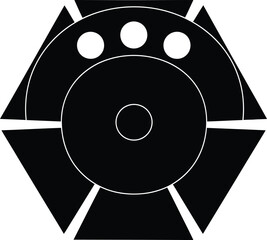 Abstract black hexagonal logo symbol with central circle and dots showing camera shutter or mechanical aperture for modern technology security and industrial design branding icon concept.