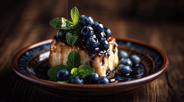 A dessert square with fresh blueberries, mint leaves, and a drizzle of sauce is plated in a rustic-looking bowl, on a wooden surface