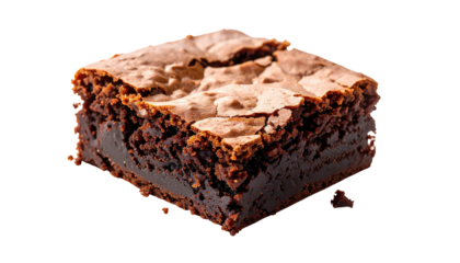 A perfectly baked, square-cut chocolate brownie, close-up, isolated against a transparent background