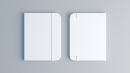 Front and back view of the notebook cover. White cover moleskine mockup on gray background. 3d rendering