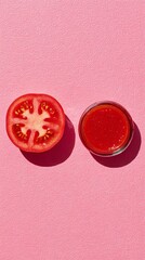 Fresh Tomato and Cooked Sauce on Pink Background