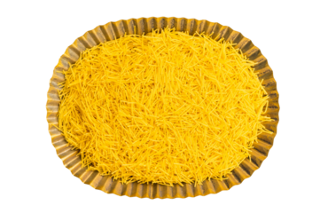 Vermicelli pasta, Raw uncooked in a tray isolated on white background. top view