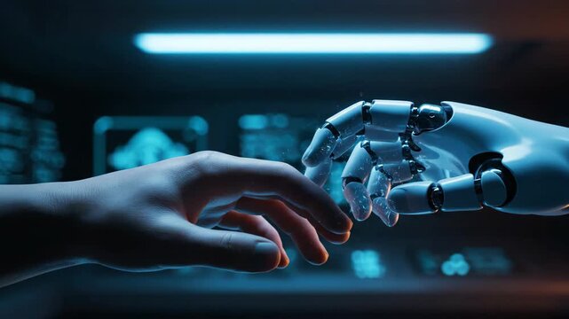 Close-up of human hand touching robotic hand finger, artificial intelligence and futuristic technology connection concept with blue background