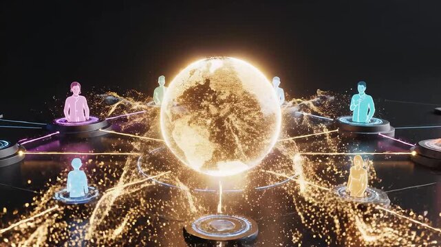 Two figures interacting with digital interfaces around a globe
