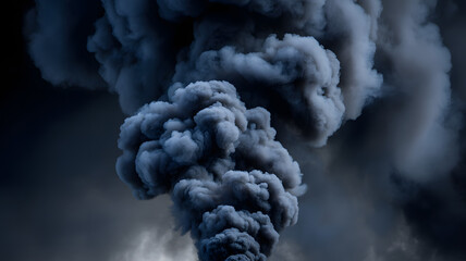 Towering dark smoke plume against a stormy sky billowing
