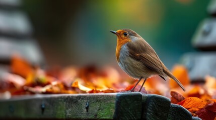 a small robin bird perched on the edge of an old wooden bench, surrounded by autumn leaves in various shades of orange and red
