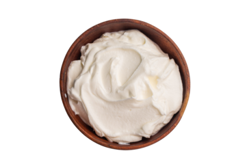Dip sauce with Fresh Sour cream in a bowl isoalted on white background. top view