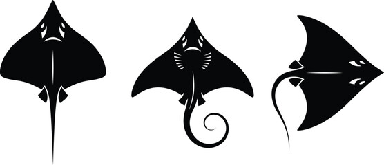 Stingray silhouette illustration, manta ray vector art, marine life design, ocean animal artwork, aquatic creature graphic, underwater wildlife drawing, black and white style © Creative Mind