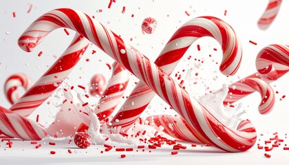 Red and White Candy Canes in Motion with Broken Fragments on White Background