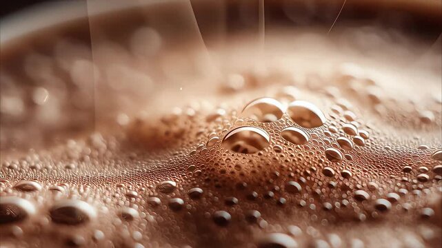 Macro Close-Up of Espresso Crema and Bubbles Pouring into Hot Coffee