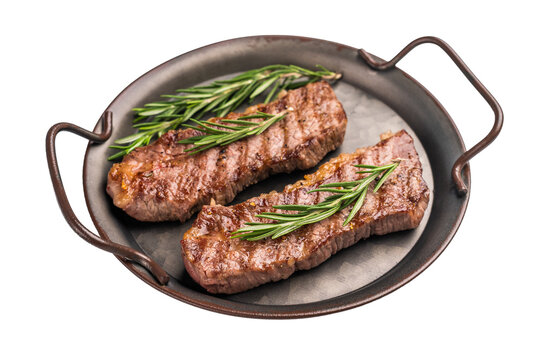 BBQ roast marbled beef Steak, beef meat on tray with herbs isolated on white background