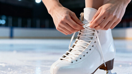 Skater preparing with focus tying ice skate laces on an ice rink background