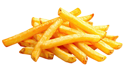 A pile of crispy, golden-brown fried potato sticks, shot against a transparent background