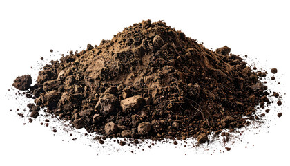 A pile of dark, rich soil, composed of small rocks and organic matter, isolated on black
