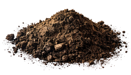 A pile of dark, rich soil, composed of small rocks and organic matter, isolated on black