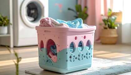Laundry room scene with a pink-and-blue hamper overflowing with colorful clothes. A washing machine and plants provide background