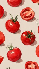 Seamless Pattern of Whole and Sliced Tomatoes
