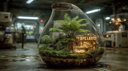 An intricate, digital ecosystem contained within a glass terrarium, with data-plants and cyber-insects, representing a controlled digital environment or sandbox 