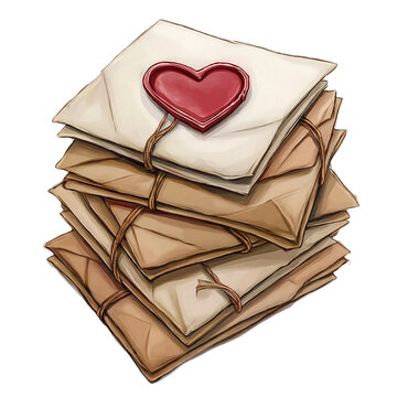 Love letter stack sealed with wax heart stamp clipart PNG, Transparent Background