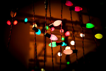 String of colourful light bulbs hanging from the ceiling