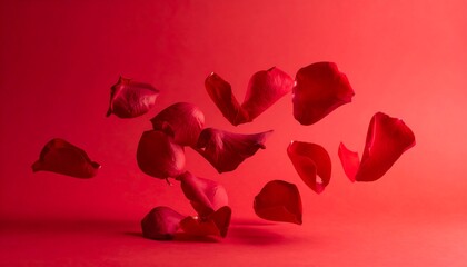 Levitation of red rose petals against a soft red backdrop, illuminated
