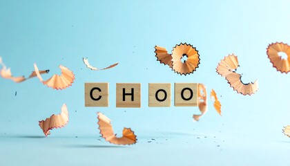 Levitation shot showing wooden letter tiles spelling "CHOO" amidst pencil shavings, on a light blue background