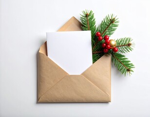 Brown kraft paper envelope with a blank white card inside, adorned with a festive evergreen branch, bright red berries, and a shiny golden bauble, ready for holiday greetings