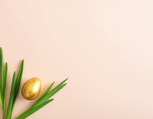 Golden egg nestled among green leaves on a pastel background. Minimal Easter banner with small golden egg and green grass sprouts on soft pastel background.