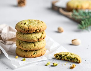 Stack of round pistachio cookies on white paper with a broken cookie revealing the vibrant green interior and scattered nut pieces nearby