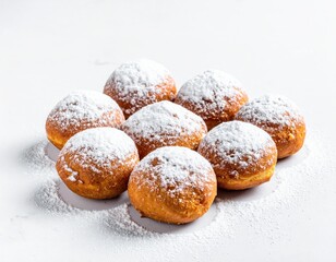 Group of golden fried donuts sprinkled with powdered sugar. Vegan beignets dusted with powdered sugar, arranged neatly on light neutral background.