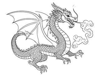 Line art depicts a flying dragon exhaling smoke. Detailed scales, claws, and wings are present, suggesting a fantastical creature