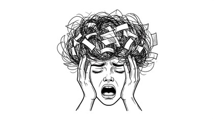 Line art depicts a person experiencing extreme stress with hands on their temples. Paper pieces are tangled in hair