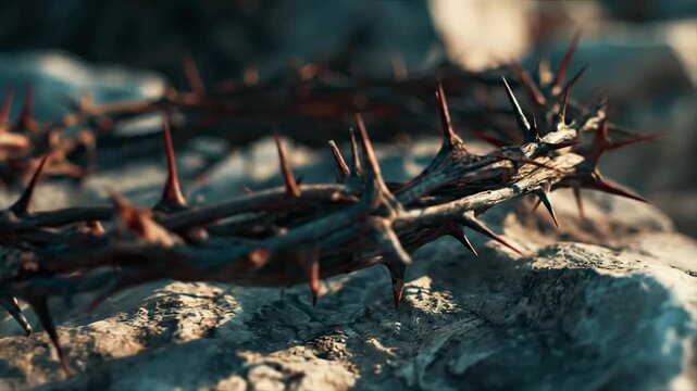 Cinematic close up of a crown of thorns resting on a rough stone surface representing the Passion of Christ and Easter