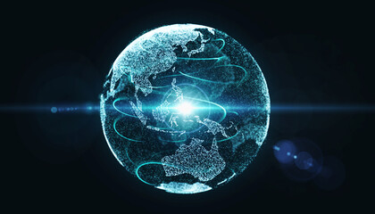 Ultra realistic visualization of a glowing digital sphere globe made of data particles and orbital rings representing global connectivity and AI core.