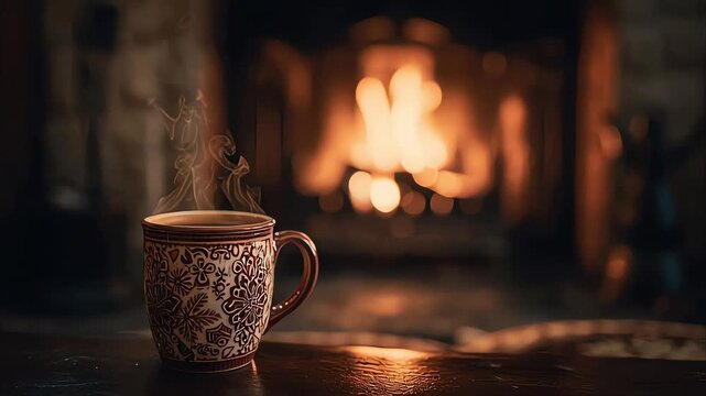 Steaming patterned mug by glowing fireplace ? cozy warm winter scene