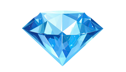 A radiant, stylized gemstone, vividly rendered in cool blue hues, set against a stark black backdrop