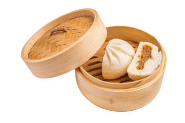 Baozi Bun, Chinese Steamed bun with pork meat in bamboo steamer isolated on white background. top view